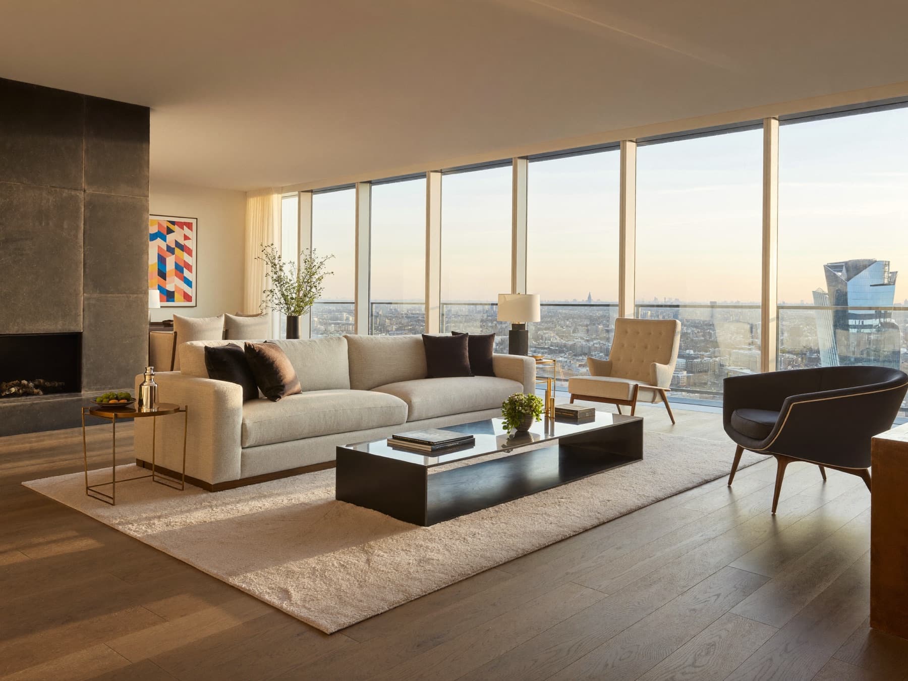 A luxury London apartment interior in golden-hour light